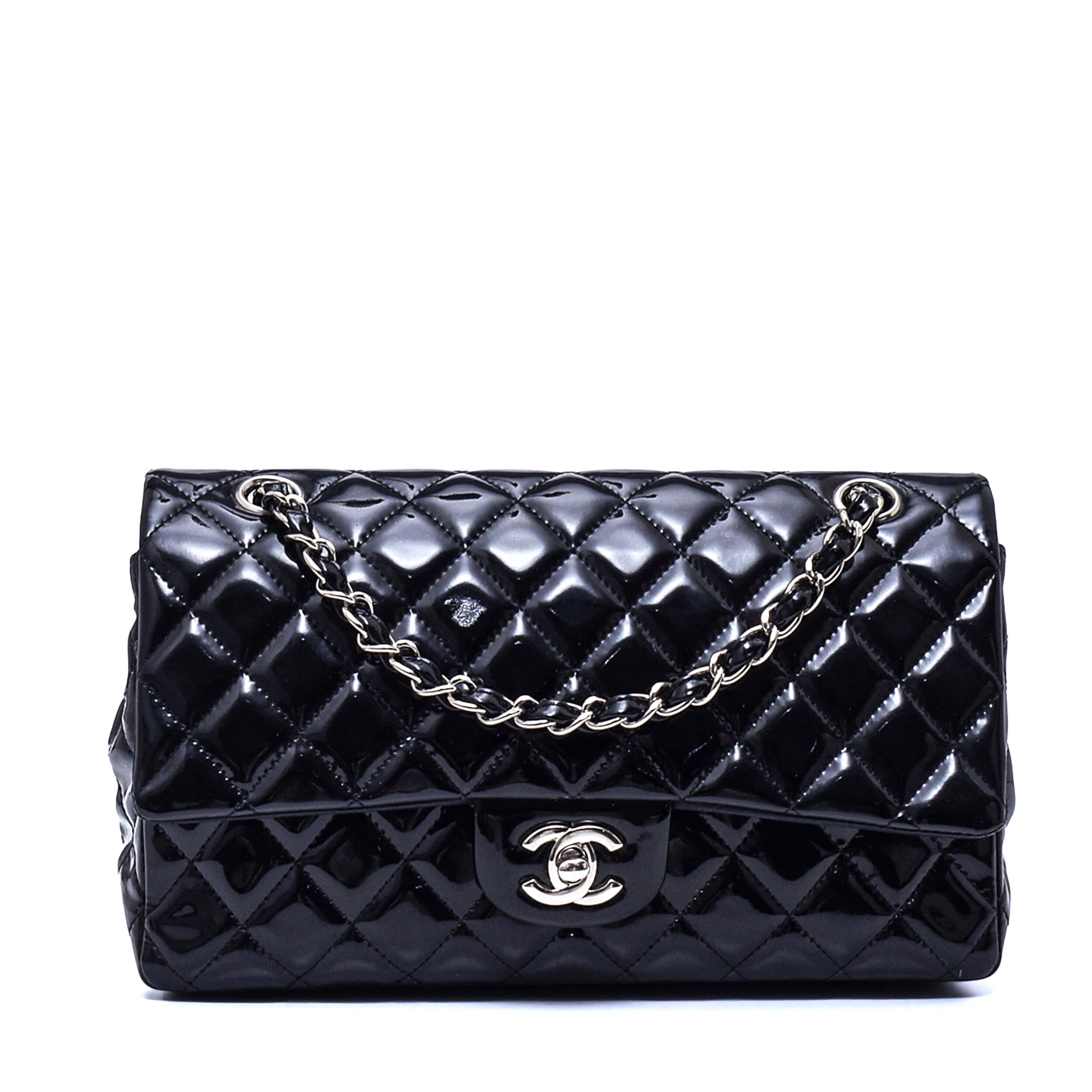 Chanel - Black Quilted Patent Leather Medium 11.12 Double Flap Bag